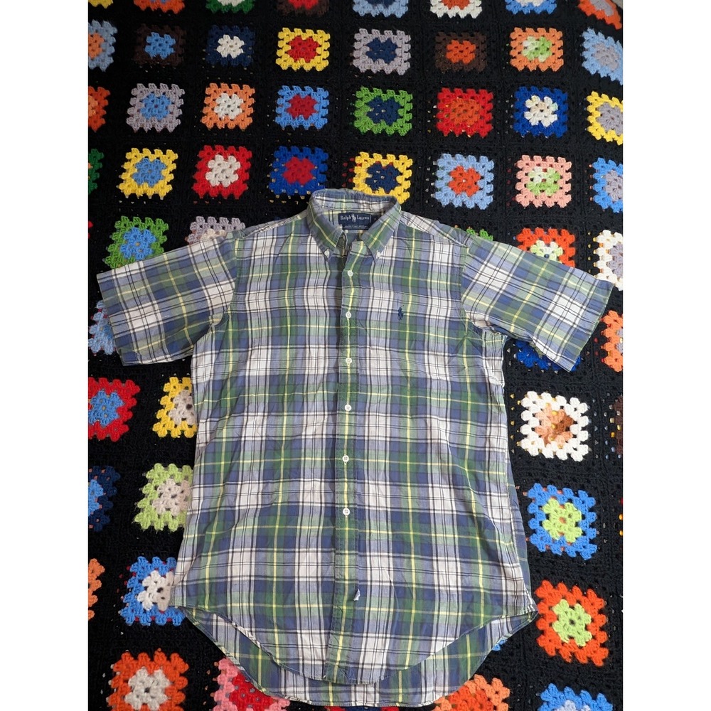 Ralph Lauren Blue Label Mens Shirt Plaid Short Sleeve Button Down Medium Green